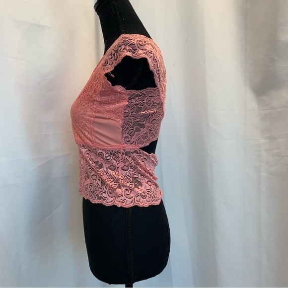 Uk2la peach pink lace stretchy V-neck sleeveless top crisscross L clubwear NWOT - Picture 2 of 9